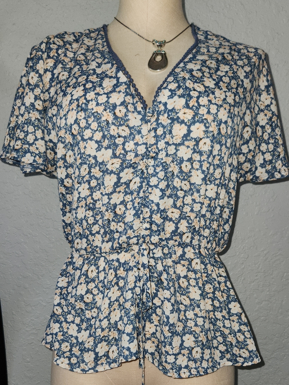 Sienna Sky Blue and Cream Floral Tie-Waist Peplum Top
